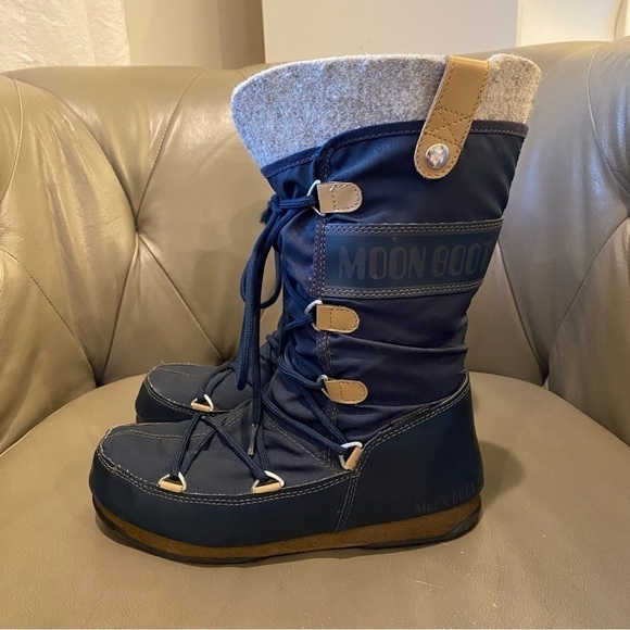 The Original Moon Boot Monaco Felt Warm Winter Snow Boots Navy Blue Women Size 6 - Picture 7 of 12